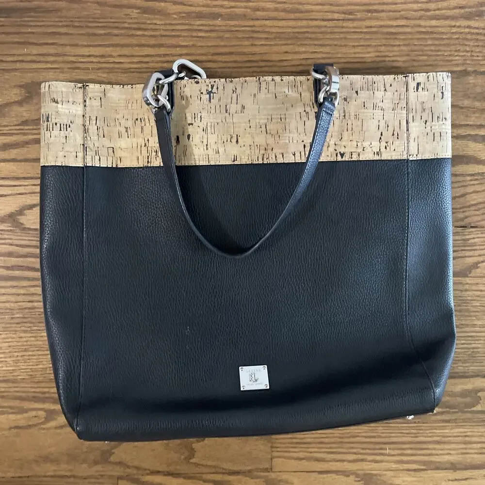 Lauren Ralph Lauren Tote Bag Cork Trim Black Faux Leather Shoulder Bag Purse